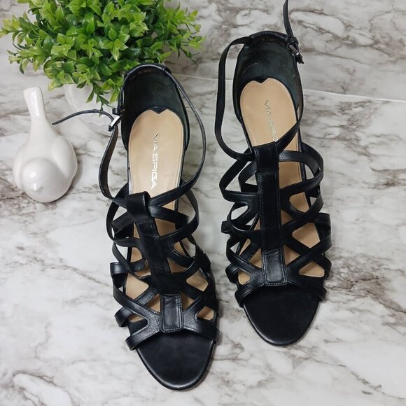 VIA SPIGA Strappy Heels Shoes Buckle Women's Black Leather Size 10 Italy - Picture 2 of 9